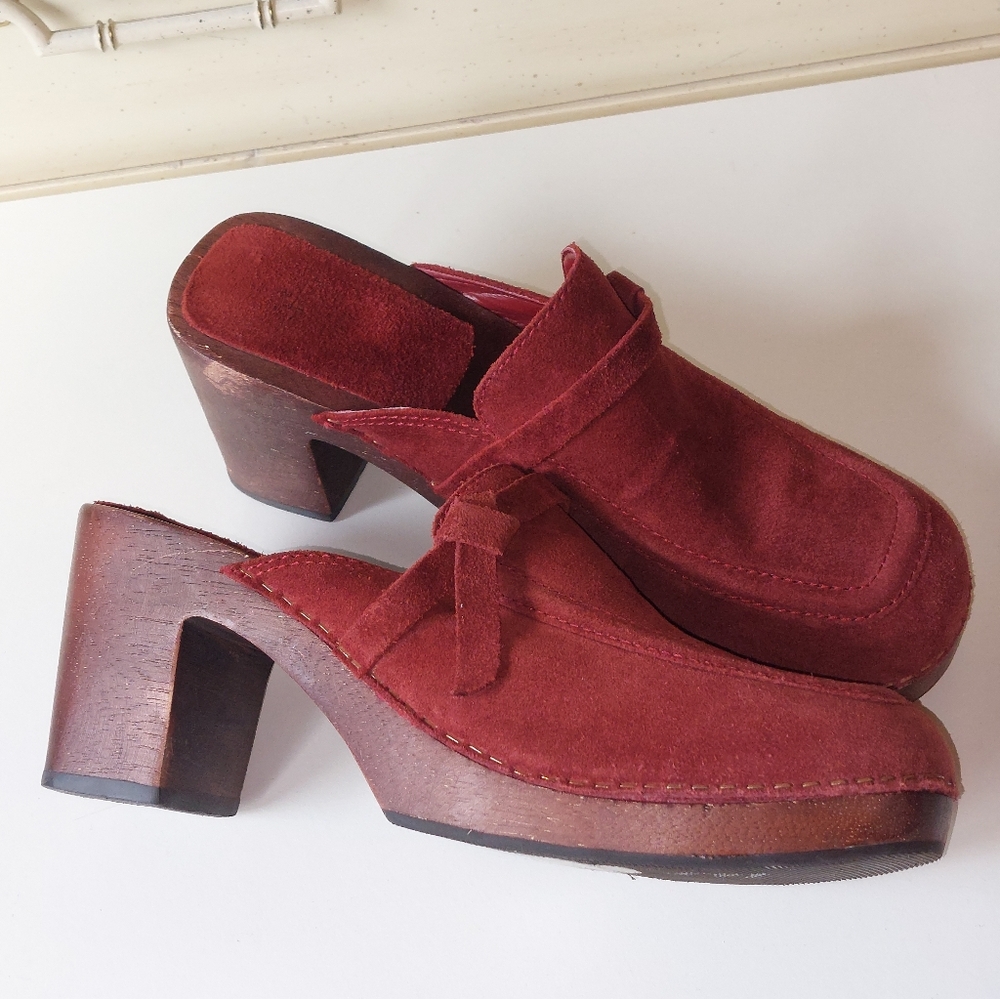 VTG Brazil Suede leather stacked heel platform clogs shoes slip American Eagle - Picture 6 of 6